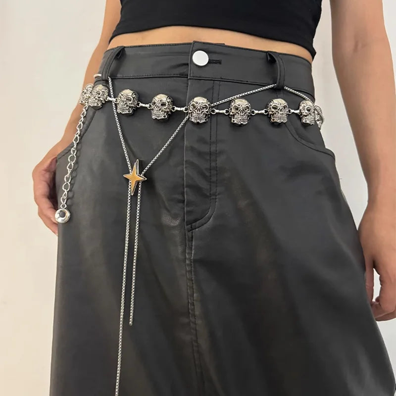 Punk Skull Silver Waist Chain Belt Female Gothic Designer Belts For Women Rock High-end Luxury Brands Metal Y2K Waistband Badiee Stylez