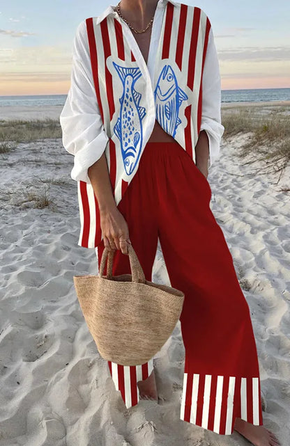 Summer Women New Casual Print Two-piece Set Clothing Seaside Tropical Vacation Style Printed Lapel Shirt + Wide-leg Trousers Set W996407