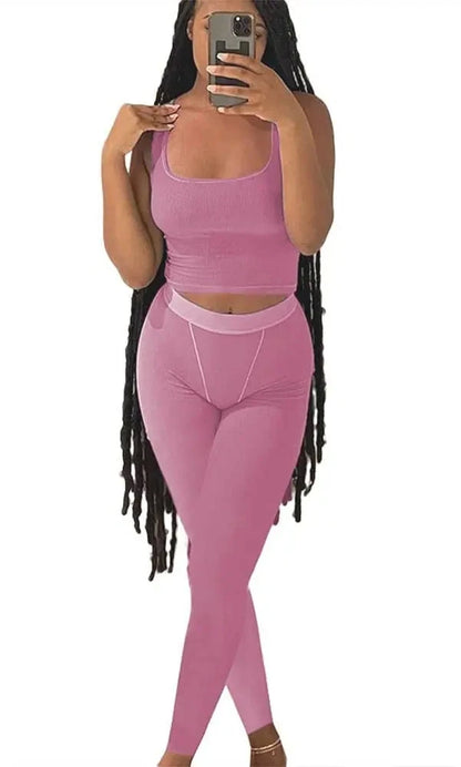 Lounge Wear Ribbed Casual 2 Piece Summer Shorts Set For Women Sleeve Top+Elastic Leggings Outfits CORAL RED