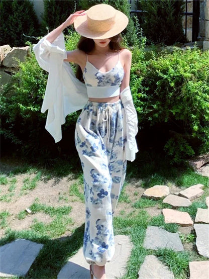 Women Floral 2 Piece Pant Sets Sleeveless Camisole Tops + Elastic Waist Loose Long Pants Outfits Summer Casual Streetwear