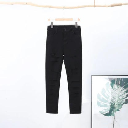 Fashion Stretchy Ripped Skinny Black Jeans Women Zipper Hollow Out Denim Jeans Casual Lady Street Bottoms