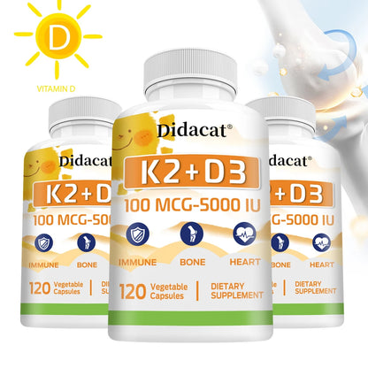 Vitamin K2 + D3 100mcg-5000IU Capsules - Dietary Supplement for Immune, Bone, Heart, Dental, and Cardiovascular Support