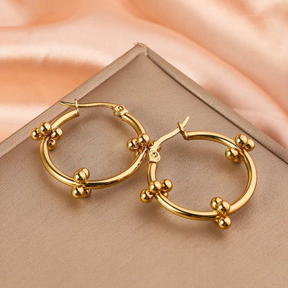 Stainless Steel Women's Hoop Earrings, Non Fading Fashionable Gold Color Metal Bead Earrings, Classic Jewelry Accessories