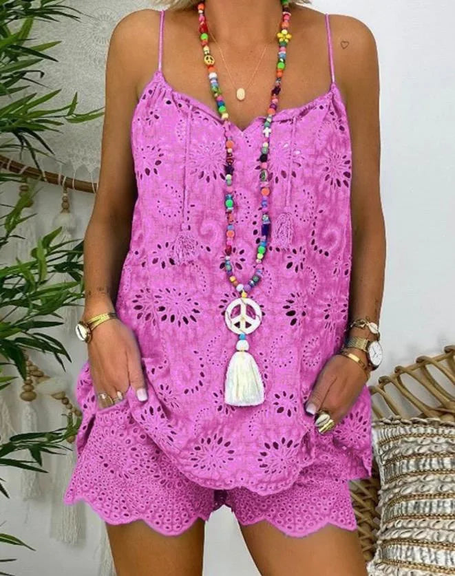 Women's Cotton Linen Sleeveless 2-Piece Set Hollow Embroidery Ruffled Camisole Tassel Vest Drawstring Shorts Printed Casual Set