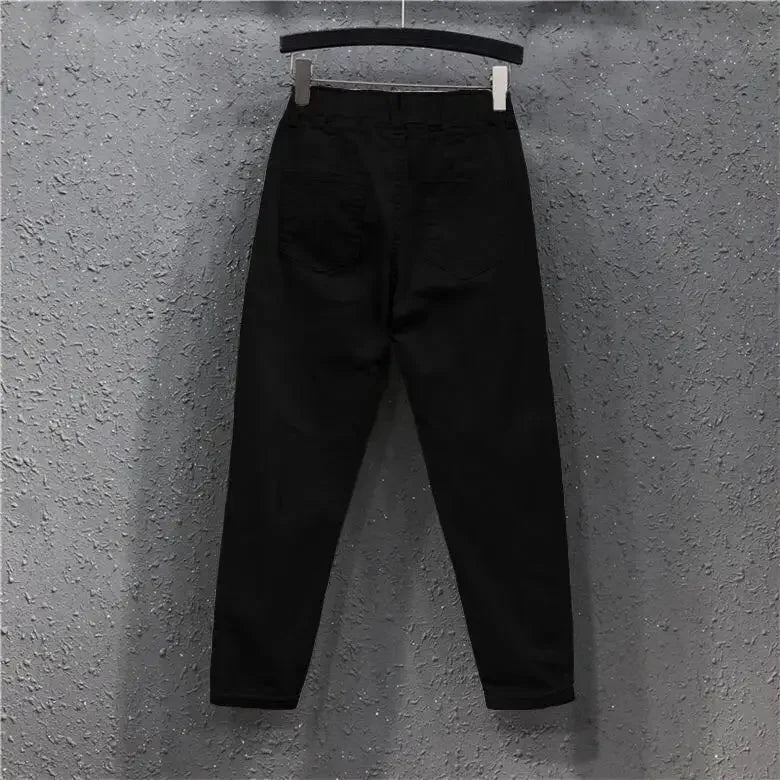 New Spring Summer Women Casual Harem Pants All-matched Casual Cotton Denim Pants Elastic Waist Solid Yellow White Jeans Female Black