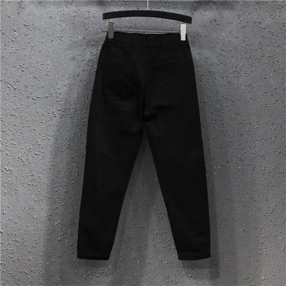 New Spring Summer Women Casual Harem Pants All-matched Casual Cotton Denim Pants Elastic Waist Solid Yellow White Jeans Female Black