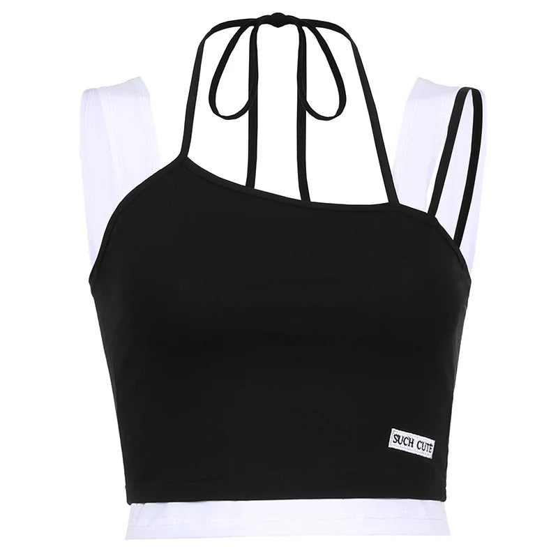 Women Hollow Out Black Y2K Tees Sleeveless Skinny Tops Cool Punk T-shirts Techwear 2023 Spring Summer New Sexy Crop Top