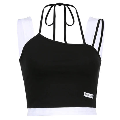 Women Hollow Out Black Y2K Tees Sleeveless Skinny Tops Cool Punk T-shirts Techwear 2023 Spring Summer New Sexy Crop Top