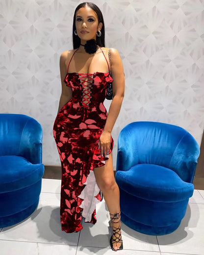 Dulzura Tie Dye Print Lace Up Side Slit Midi Dress For Women Ruffle Long Dress Bodycon Sexy Party Club Outfits 2024 Summer Y2K Red