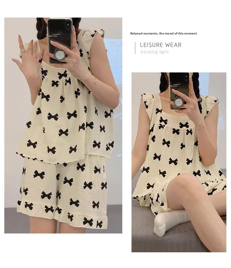 Summer Spwear Women's 2025 New Japanese Sle Fre Vest orts Woven Cotton Thin Home Clothes Set Sweet Print ort Pants