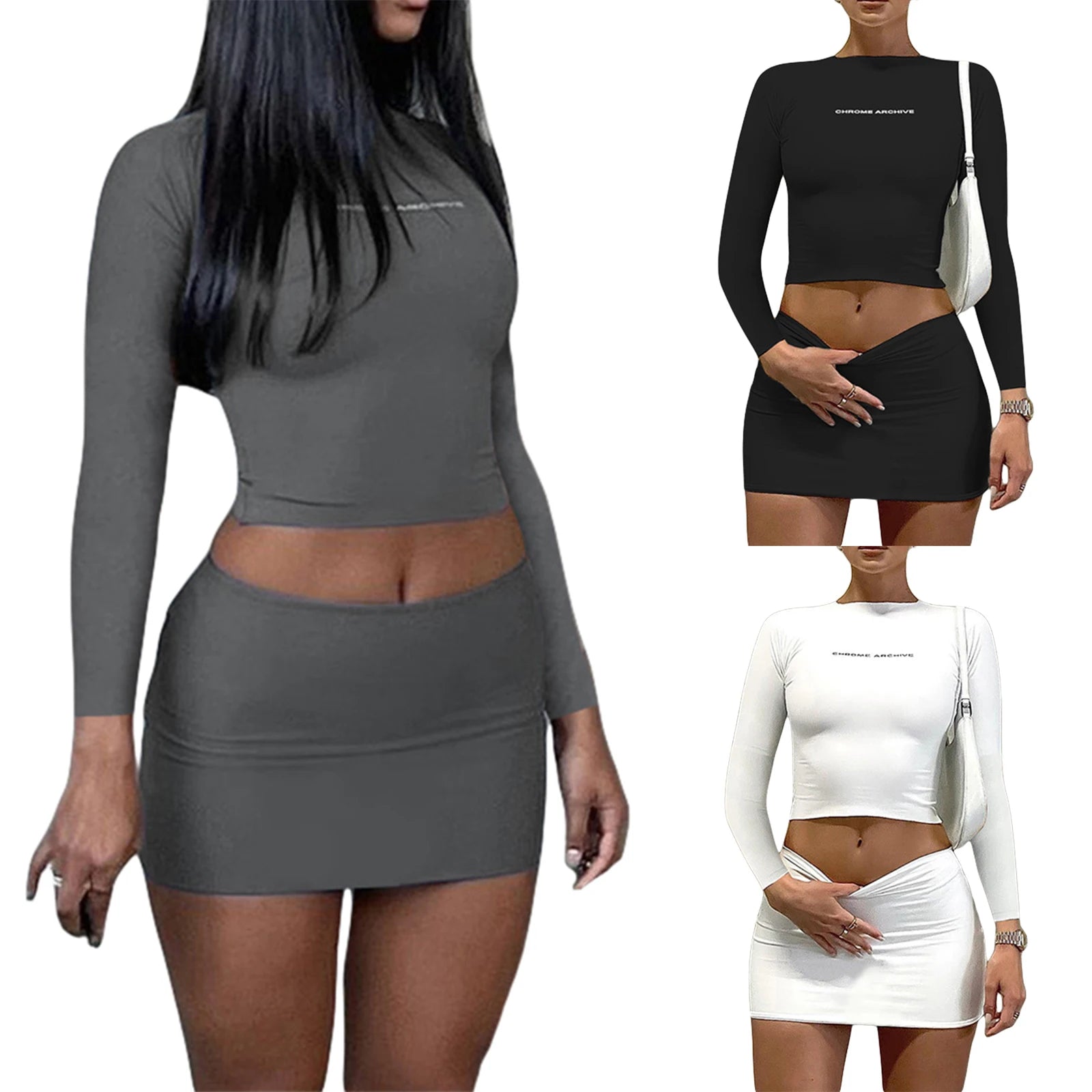 Women Sexy Skirt Set Fashion Solid Crop T-shirt Long Bodycon Skirts Ladies Summer 2 Piece Bodysuit Chic Outfit