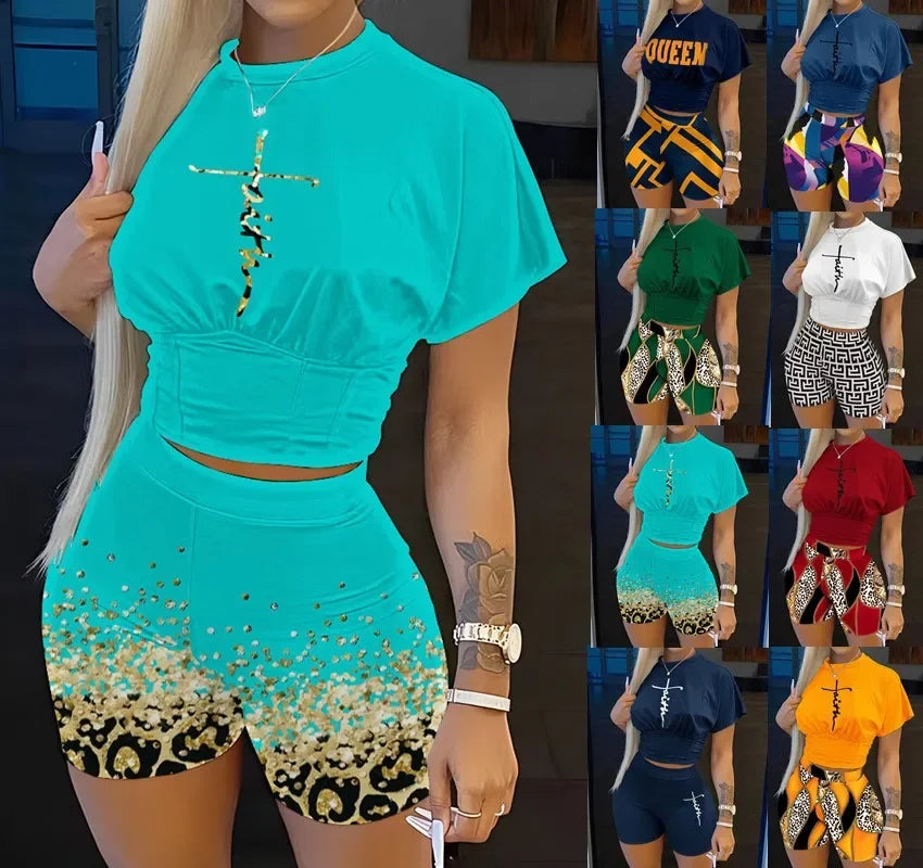 Women Two Piece Short Sets Round Neck Crop Tops Pullovers High Waist Shirts Elastic Waist Shorts Matching Sets Y2k Summer