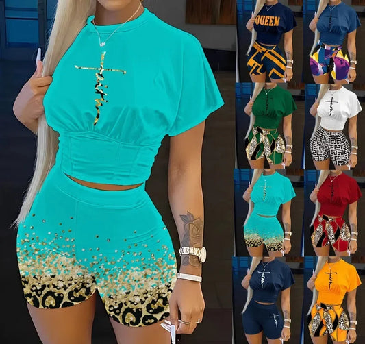 Women Two Piece Short Sets Round Neck Crop Tops Pullovers High Waist Shirts Elastic Waist Shorts Matching Sets Y2k Summer