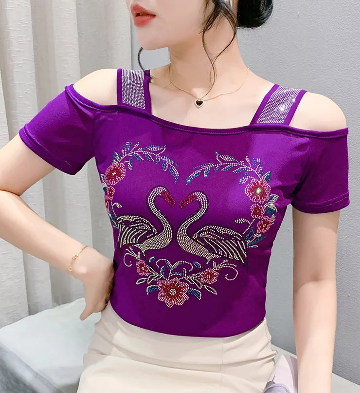 Aoxison Summer Short Sleeved Women's T-Shirt Elegant Slim Shiny Love Heart Diamonds Mesh Tops Chic Girl Sexy Off Shoulder Tees Purple