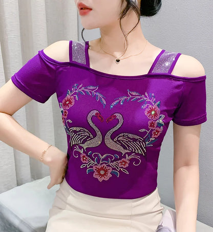 Aoxison Summer Short Sleeved Women's T-Shirt Elegant Slim Shiny Love Heart Diamonds Mesh Tops Chic Girl Sexy Off Shoulder Tees Purple