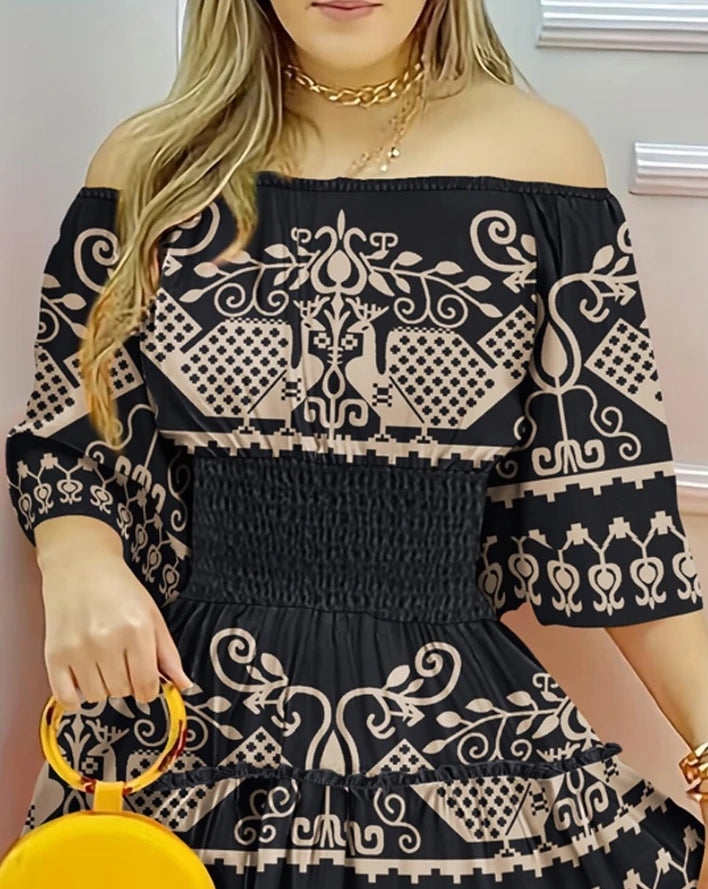 Women's Elegant Floral Print One Shoulder High Waist Dress Temperament Commuting 2024 Summer New Female Fashion A-Line Dresses
