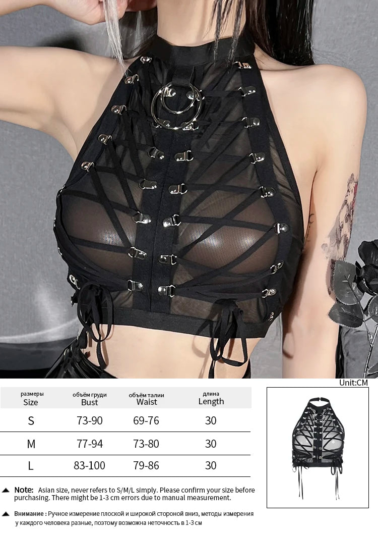 Gothic Punk Ring Halter Top Bodycon Lace Up Crop Bandage Tank Tops Y2k Mesh T Shirt Exotic Vest Sexy Hollow Out Backless Caims top