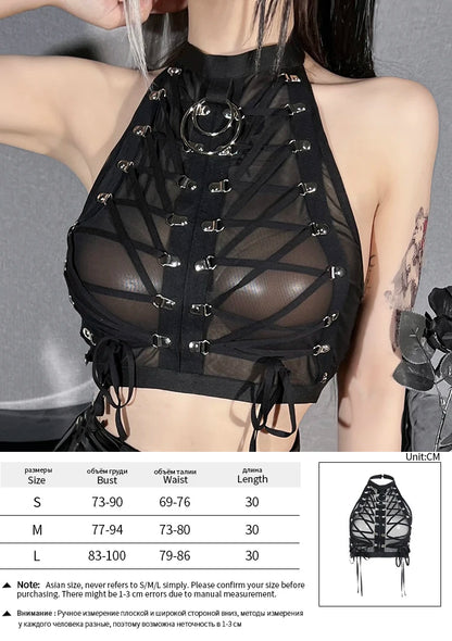 Gothic Punk Ring Halter Top Bodycon Lace Up Crop Bandage Tank Tops Y2k Mesh T Shirt Exotic Vest Sexy Hollow Out Backless Caims top