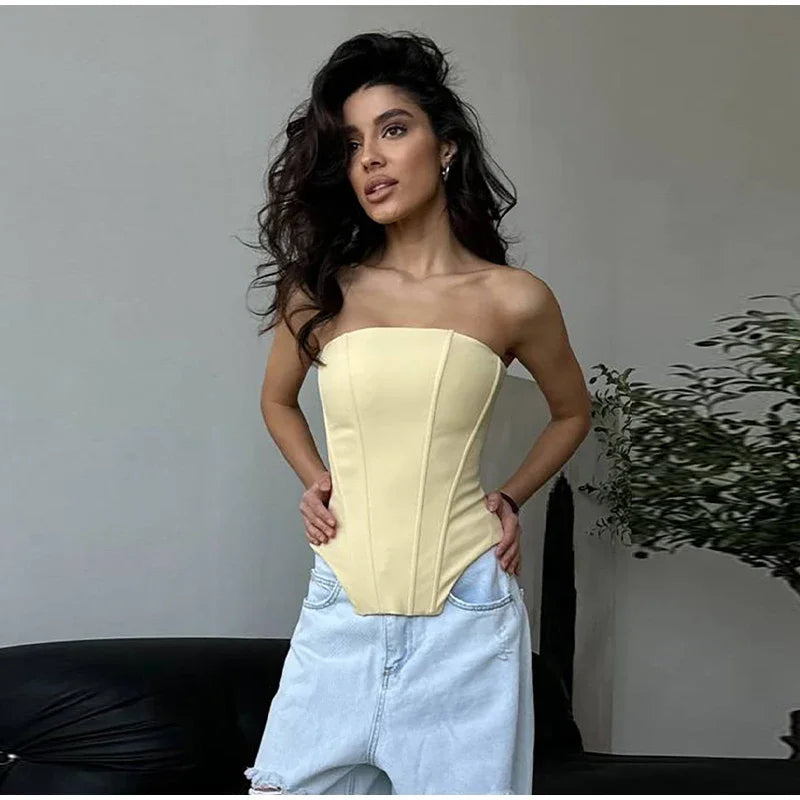 Two Piece Set Fishbone Strapless Vest Top Suit Short Jacket Solid Color Slim Fit Fashion Women Tank Blouse Waist Cinched Coat