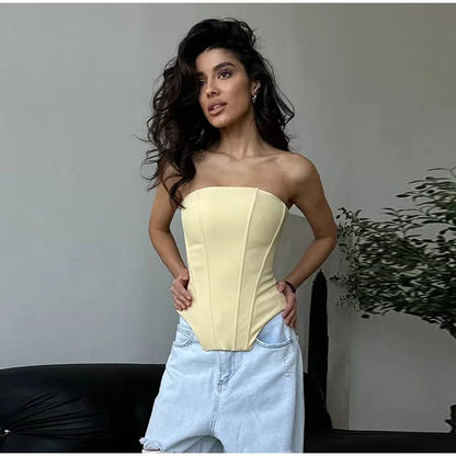 Two Piece Set Fishbone Strapless Vest Top Suit Short Jacket Solid Color Slim Fit Fashion Women Tank Blouse Waist Cinched Coat