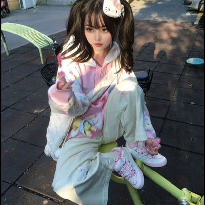Harajuku Zip Hoodies Women Japanese Sweet Lolita Sweatshirts Kawaii Cartoon Print Y2k Hooded Overcoat Korean Fashion Clothes Top