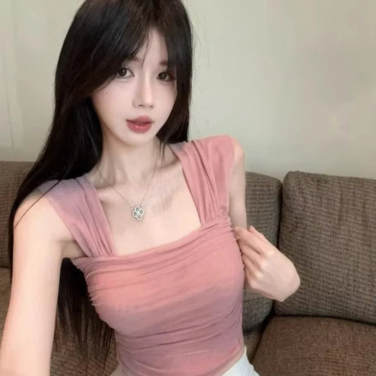 Women Clothing Summer Fashion Korean Solid Color Square Collar Ladies Simplicity All-match Appear Thin Short Sleeve Cotton Tops