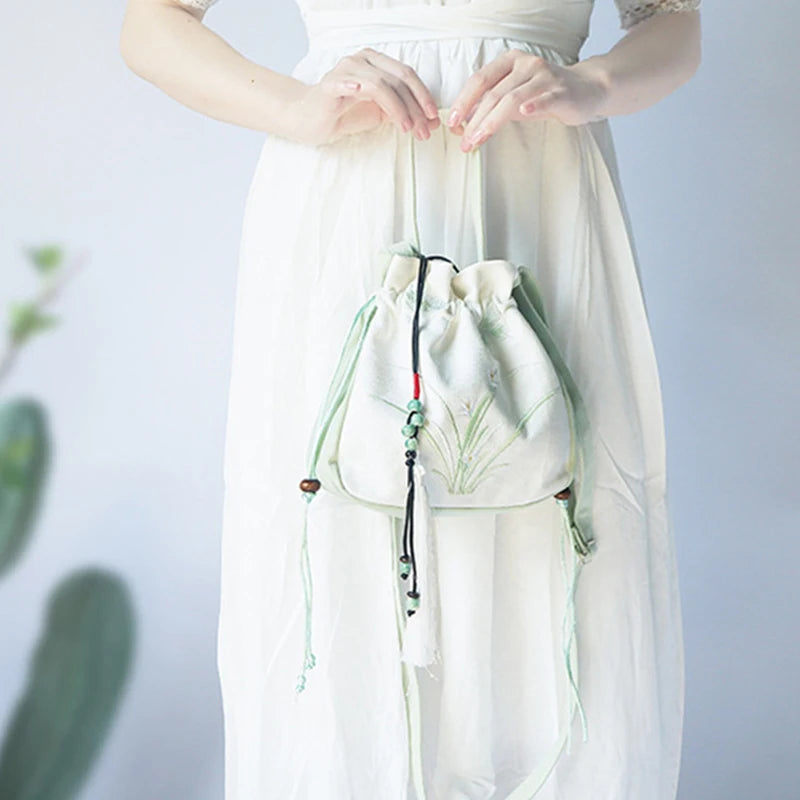 Chinese Style Women's Drawstring Bag Vintage Flower Embroidery Hanfu Handbag Street Fashion Girls Bucket Shape Shoulder Bag