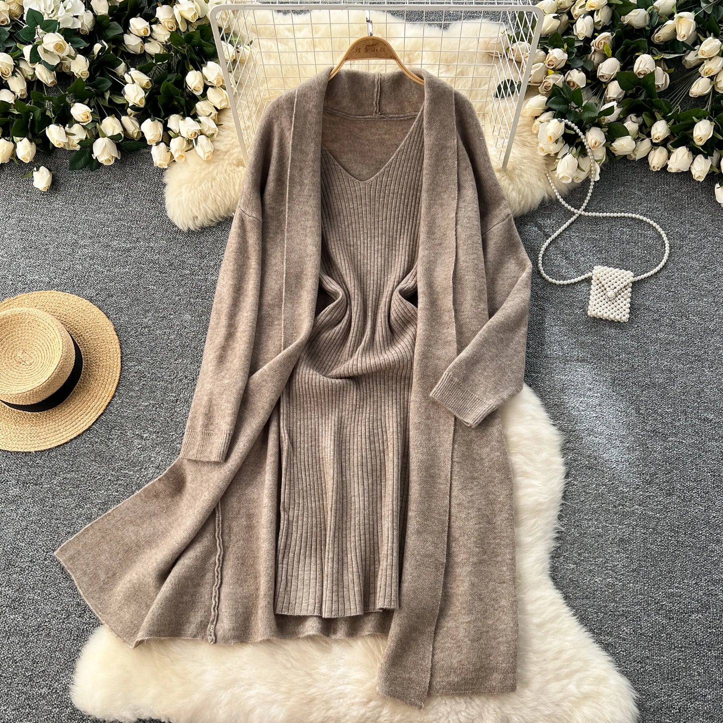 SINGREINY Autumn Knitted Two Pieces Sets Ladies Loose Knitting Cardigan+Spaghetti Strap Bodycon Dress Basic Solid Winter Suits Badiee Stylez