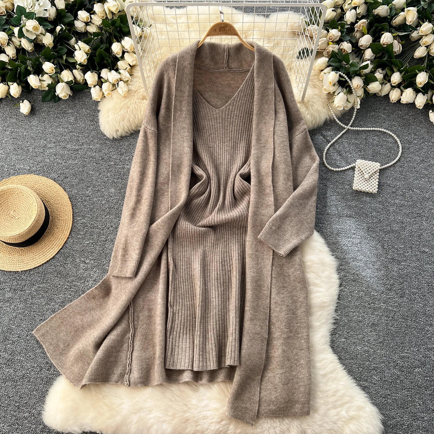 SINGREINY Autumn Knitted Two Pieces Sets Ladies Loose Knitting Cardigan+Spaghetti Strap Bodycon Dress Basic Solid Winter Suits Badiee Stylez