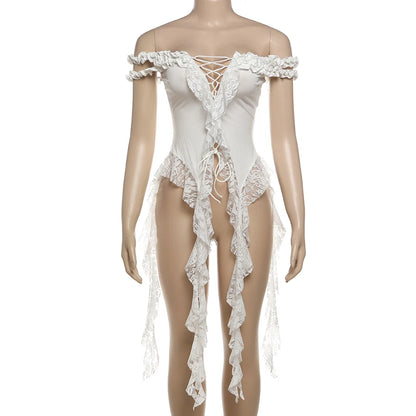 Sylcue Summer New Fashionable High Street Sweet Gentle Sexy Youth Girls Solid Color Shoulder Fringe Long Top