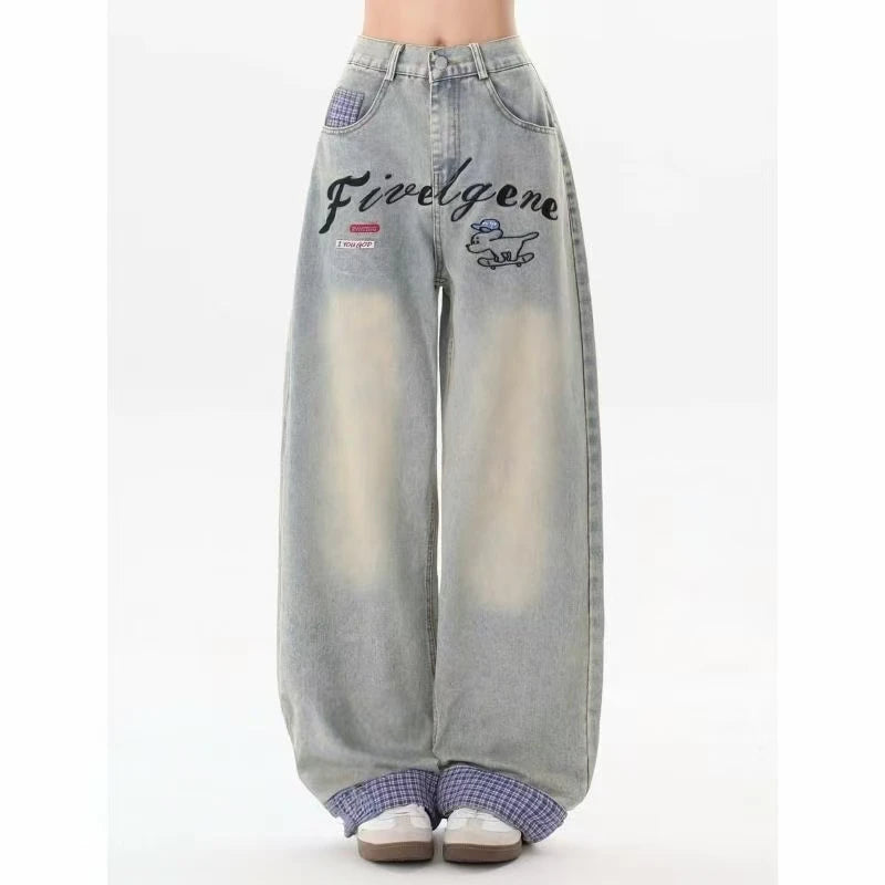 Y2K fashion retro cartoon embroidered women wide-leg jeans casual Harajuku loose pants street personality high-waisted jeans