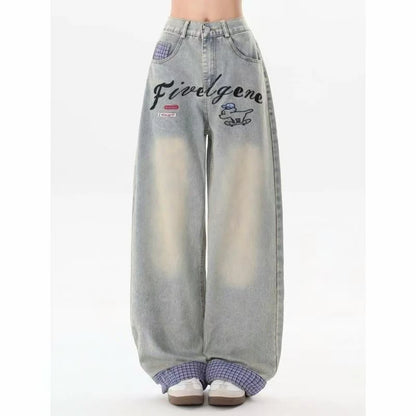 Y2K fashion retro cartoon embroidered women wide-leg jeans casual Harajuku loose pants street personality high-waisted jeans