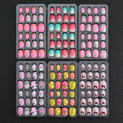 24Pcs Children Cartoon Nail Tips Colorful Cute Rabbit Pink Stars 6-14 Years old Girl Fake Nail With Jelly Glue Kids False Nail