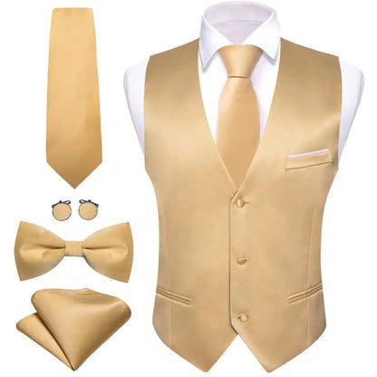 Luxury Vest for Men Gold Solid Silk Satin Waistcoat Bowtie Tie Set Sleeveless Jacket Wedding Formal Male Gilet Suit Barry Wang 2415