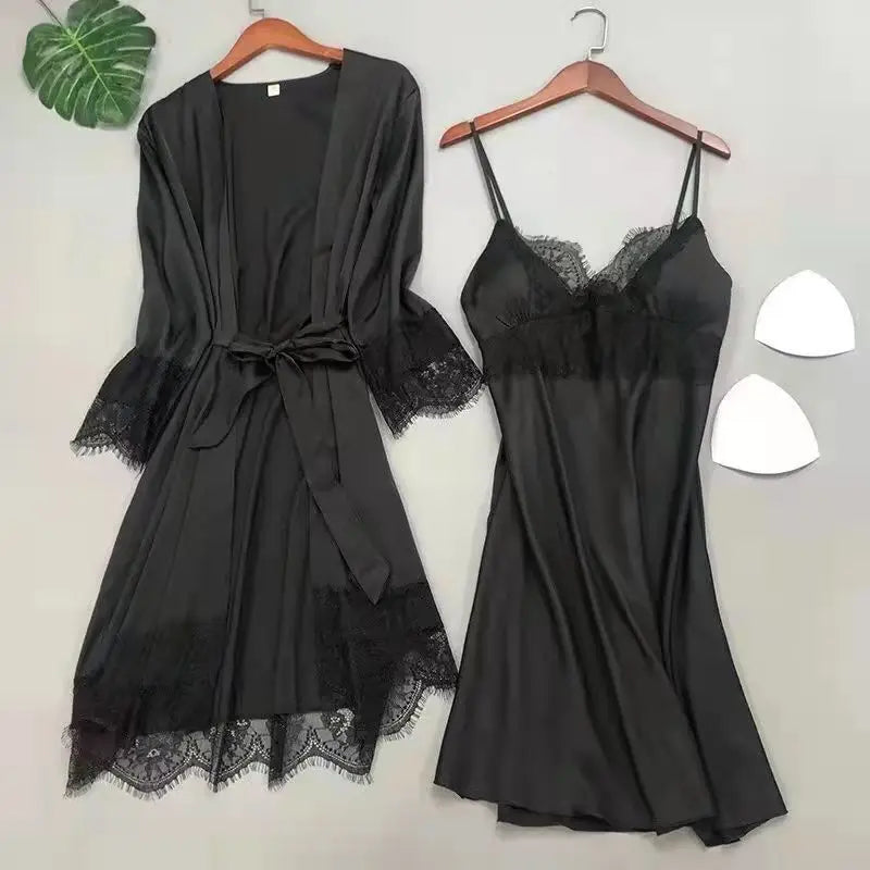 White 5PCS Sleep Set Pajamas Lady Lace Satin Pyjamas Kimono Bath Gown Loose Sleepwear Home Cloting V-Neck Casual Nightwear Black B