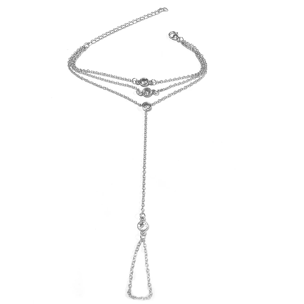 14K Gold Plated Titanium Fashion Bracelet for Women Dainty Triple Hand Chain Finger Bracelet with Zircon Crystal, Gifts for Girl 3layer Silver 17cm