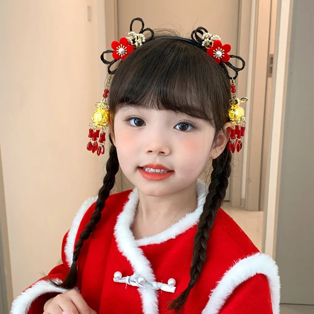 Glowing Hanfu Wig Headband Flower Tassel Chinese Style Luminous Lantern Headband Cute Red New Year Headdress New Year Dress Up