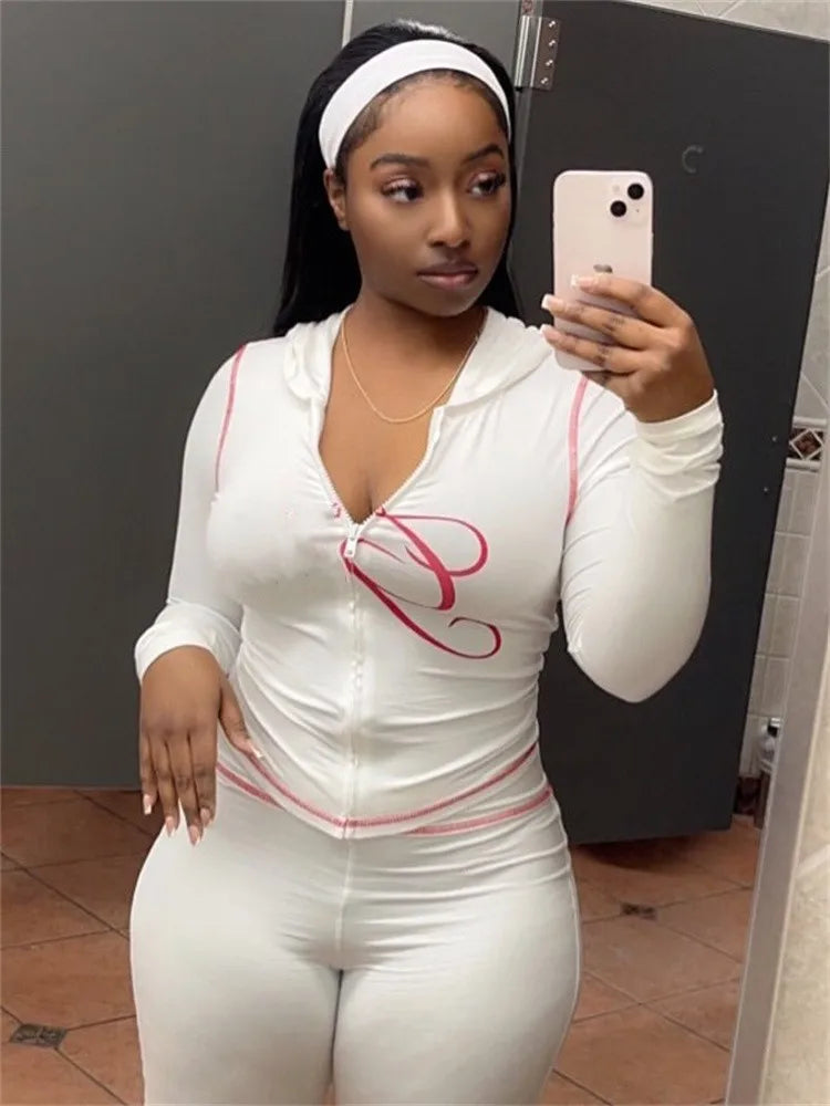 2025 Spring Fashion New Casual Women's Sets Long Sleeve Zipper Hoodie Tops and Pants Streetwear White Two 2 Piece Set Outfits WHITE