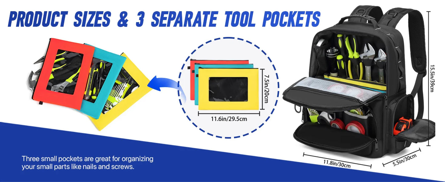 Tool Backpack Heavy Duty for Men Tool Storage With 3 Tool Pouches Organizer Electrician Plumber Maintenance Worker Tool Bags