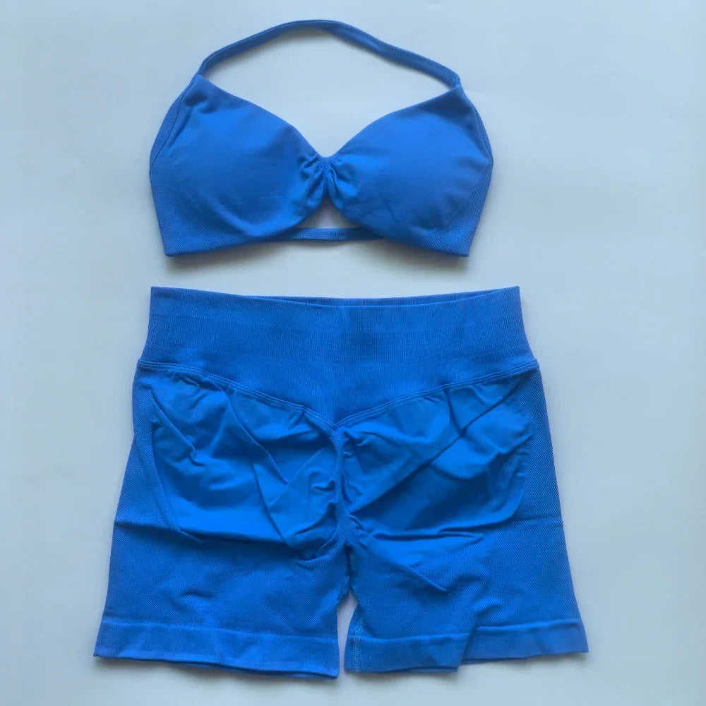 NO LOGO 2PCS Gym Set Women Strappy Yoga Bra Top High Waist Workout Scrunch Shorts Sports Suit Seamless Yoga Set Fitness Clothes Badiee Stylez