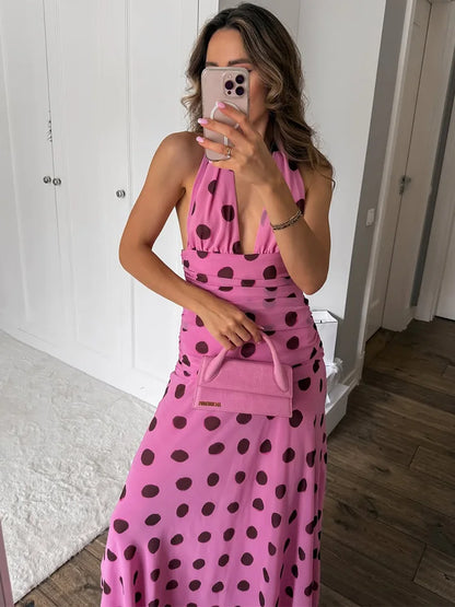 Trendix Pink Print Pleated Maxi Dress Women's Summer V Neck Sexy Backless Vintage Long Dresses 2025 Fall New Party Elegant Dress