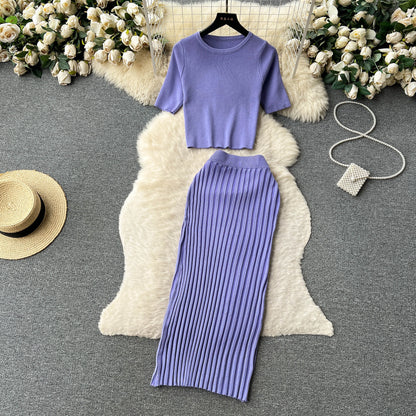 SINGREINY Casual Two Piece Sets Women Summer O Neck Top Elastic Waist Long Skirt Fashion Office Lady Korean Knit Suit