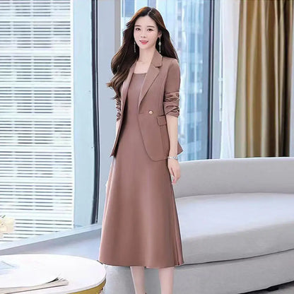 2Pcs/Set Summer Women Suit Dress Outfit Solid Color Mid-length Lady Dress Sets Light Luxury Commute Sling Dress Coat Set
