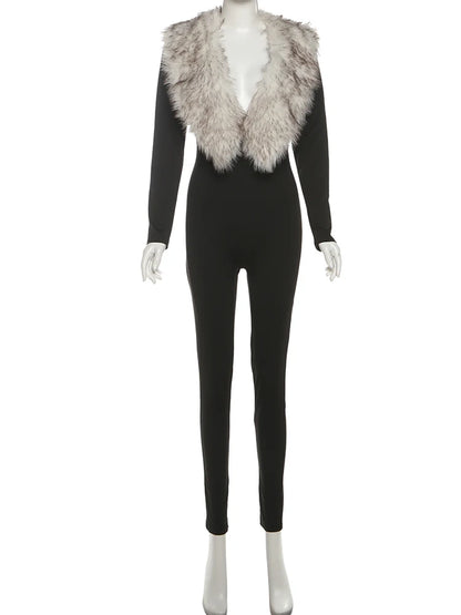 Weird Puss Sexy Furry Collar Junpsuits+Foot Cover Woman Hipster Autumn Full Sleeve Skinny Peach Hip Midnight Party Club Overalls Badiee Stylez