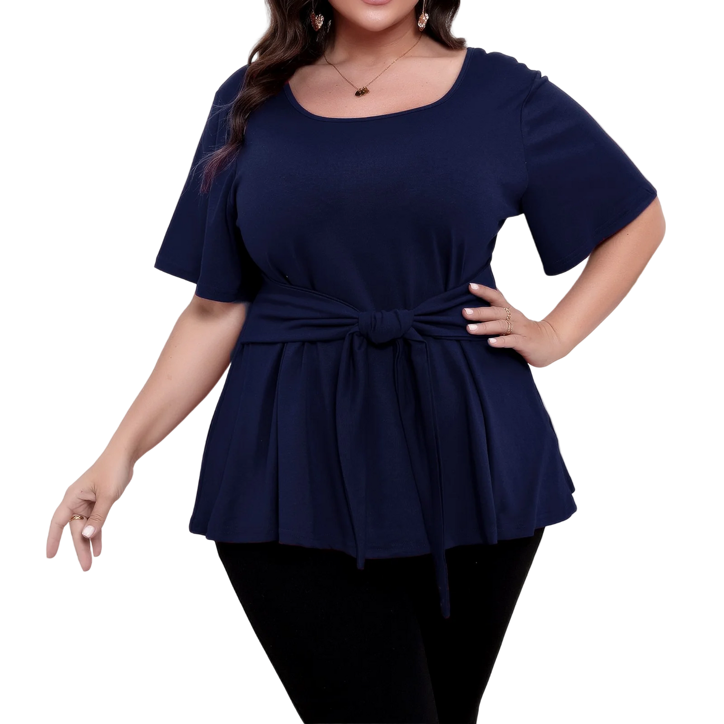Plus size top women's short sleeve round neck belted t-shirts spring summer ladies casual T-shirt tops solid color pullover