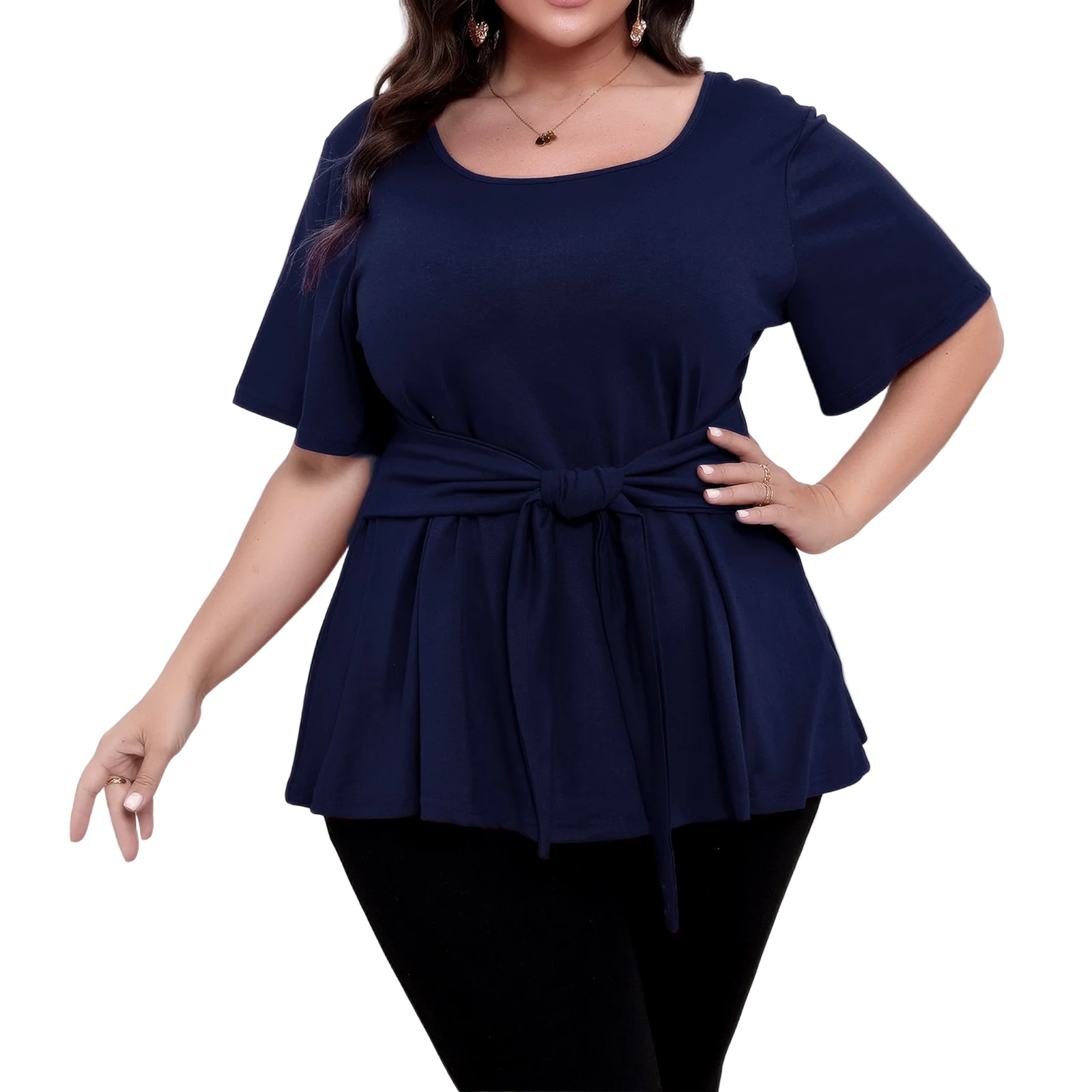 Plus size top women's short sleeve round neck belted t-shirts spring summer ladies casual T-shirt tops solid color pullover