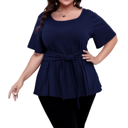 Plus size top women's short sleeve round neck belted t-shirts spring summer ladies casual T-shirt tops solid color pullover