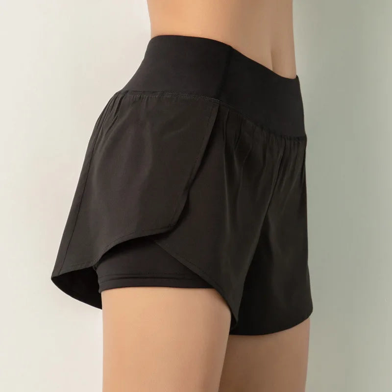 Sport Shorts Women Sportswear Double-deck Running Shorts Yoga Bottoms Summer Gym Fitness Training Jogging Short Pants Black