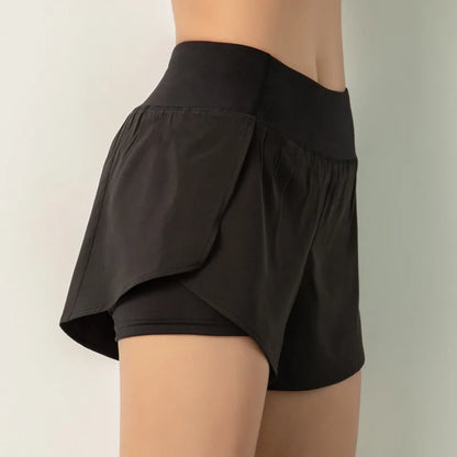 Sport Shorts Women Sportswear Double-deck Running Shorts Yoga Bottoms Summer Gym Fitness Training Jogging Short Pants Black