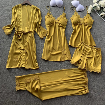 Pajamas Five Piece Set Sexy Lace Trim Nightgown Nightwear Spring Summer Women Bath Robe Loose Silk Satin Home Wear Pijamas Suit Yellow 5PCS Set A